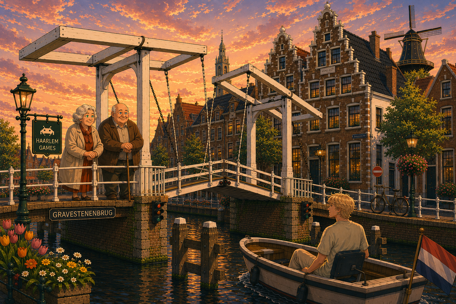 Illustrated Gravestenenbrug in Haarlem with a boat on the canal
