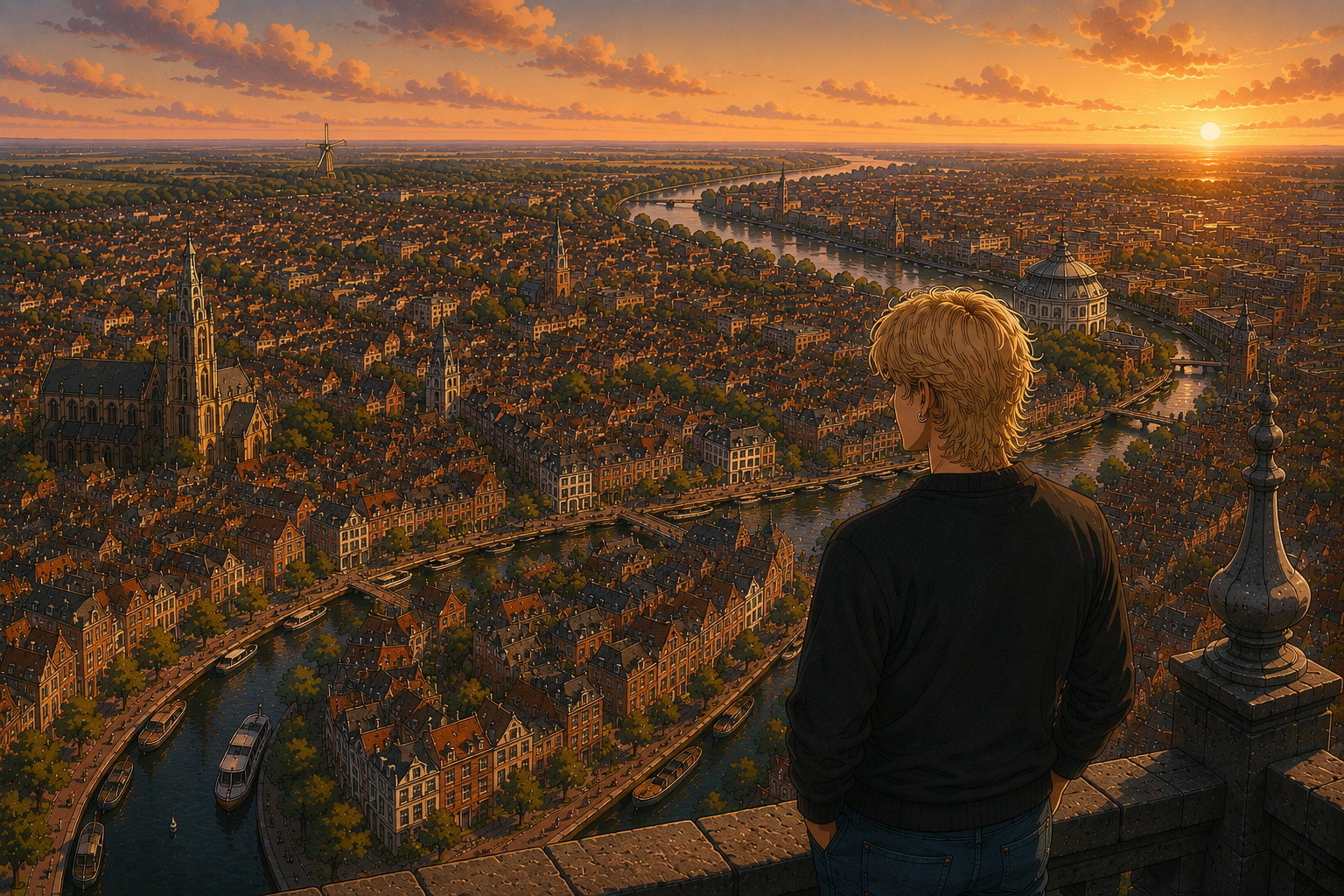 Illustrated view of Haarlem from above at sunset