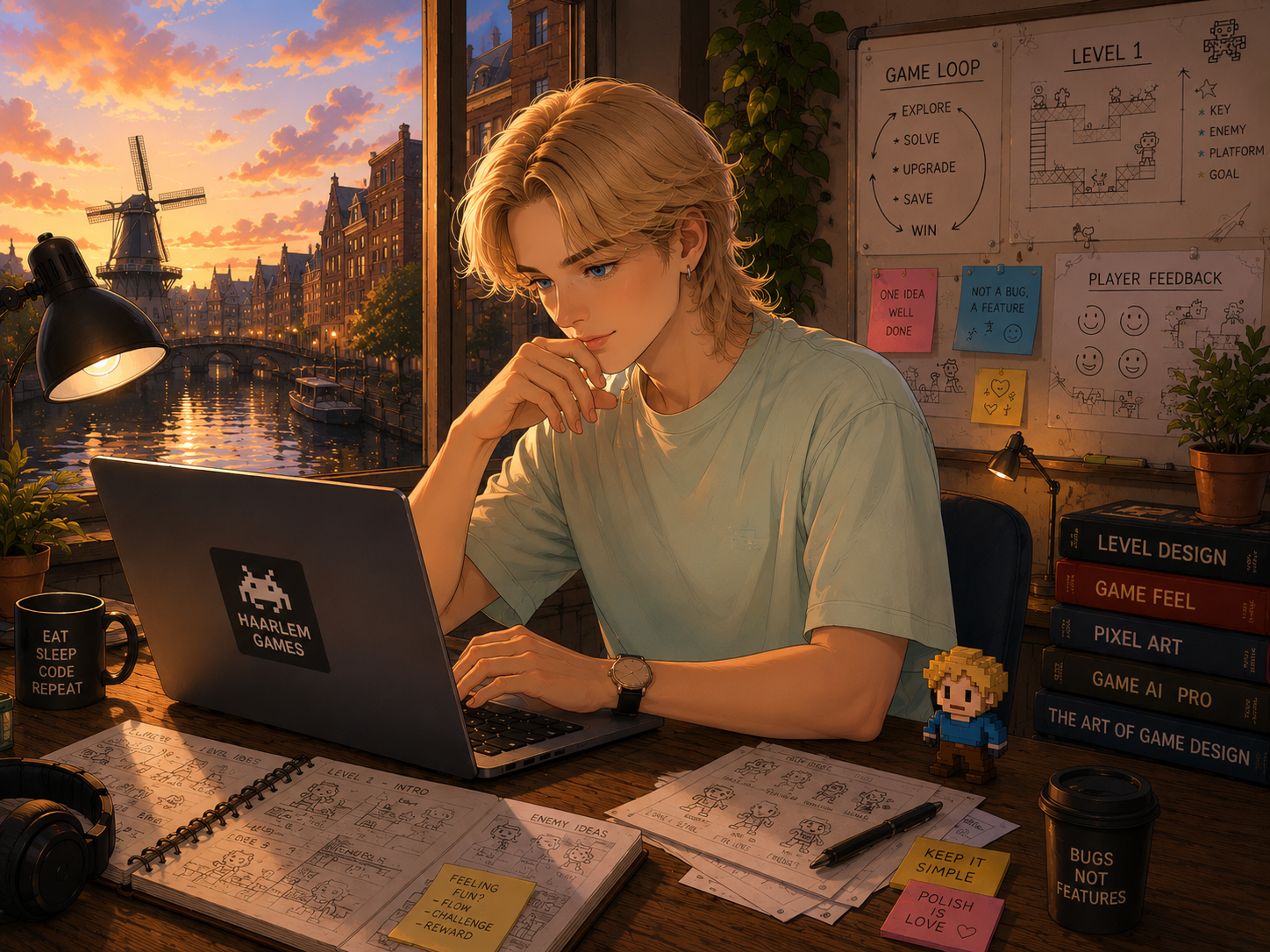 Illustrated Haarlem Games studio with a developer crafting a game