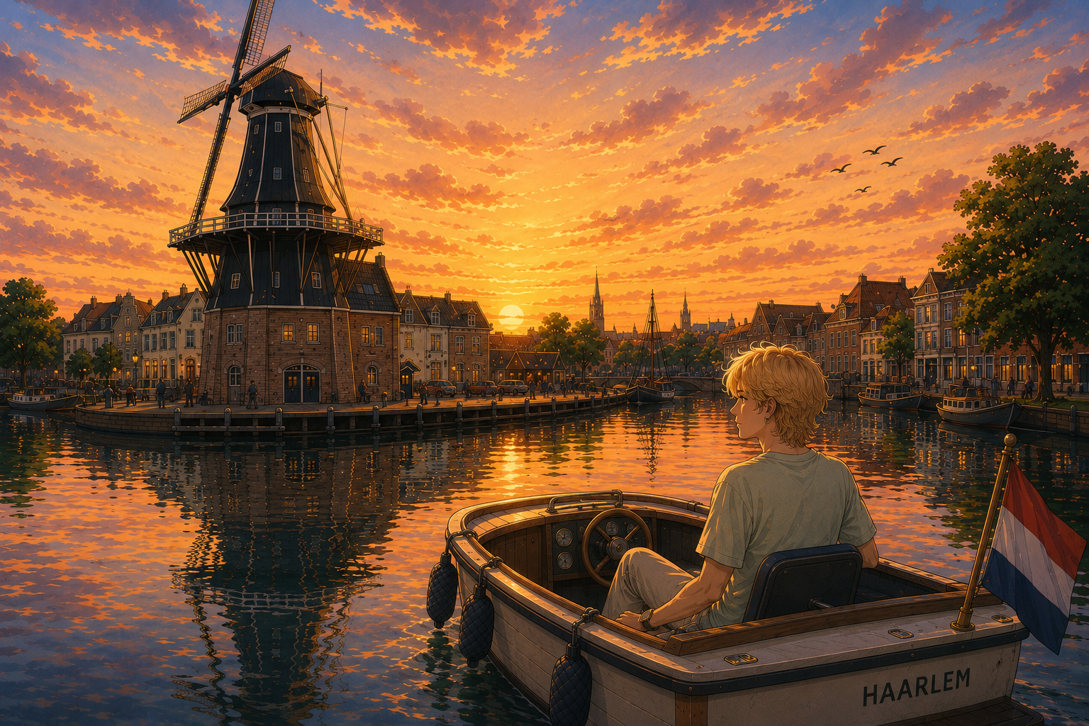 Illustrated Molen De Adriaan in Haarlem at sunset with a boat on the water